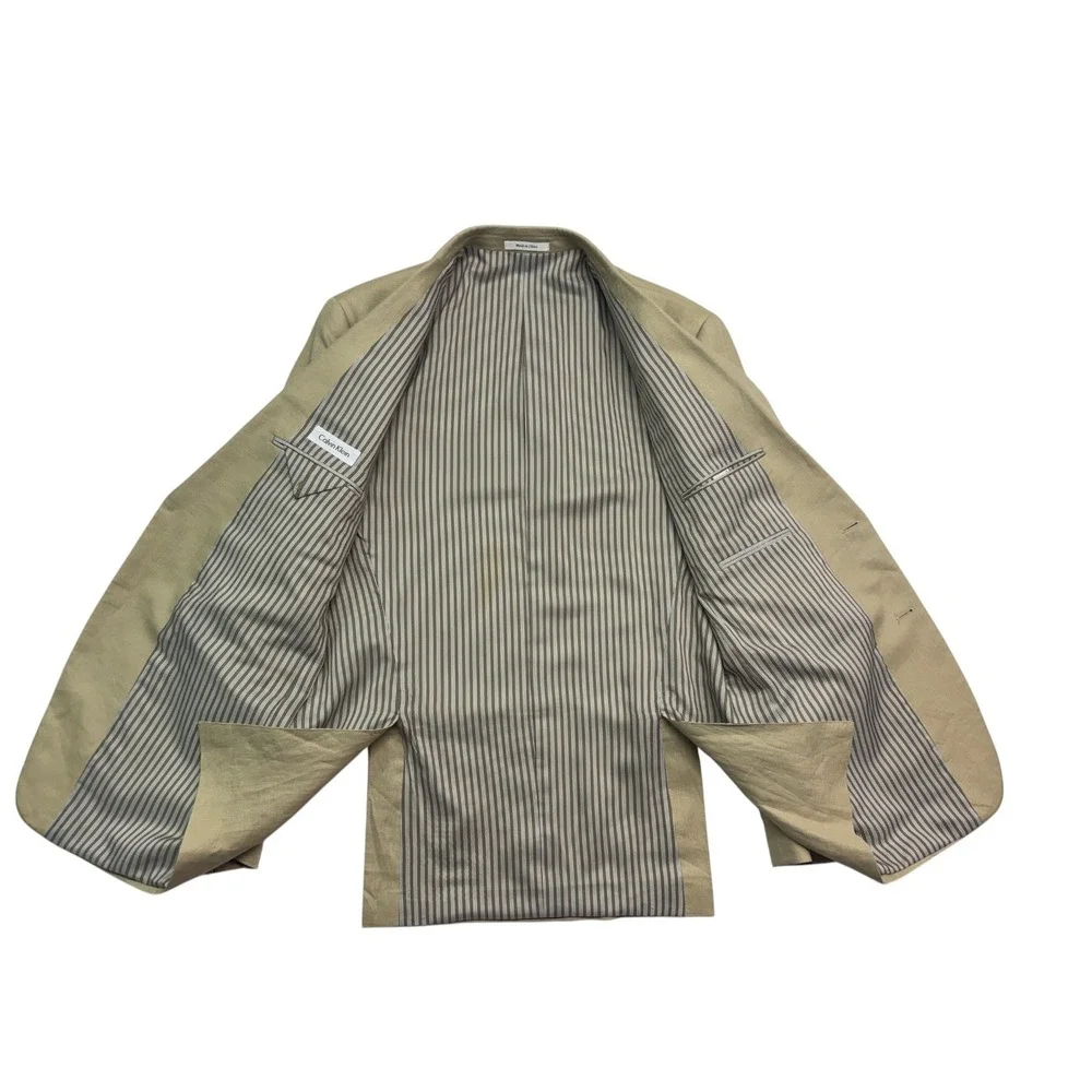 Calvin Klein 42L 34x36 Tan 2pc Pant Suit 100% Linen Lightweight Flat Front Mens